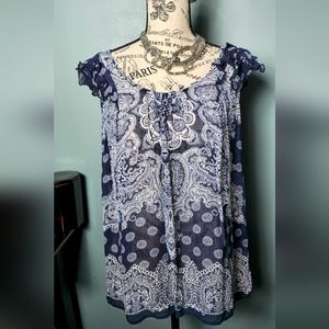 Dress Barn Women's Cap Sleeve Sheer Bandana Print Blouse  Blue/ White Size L